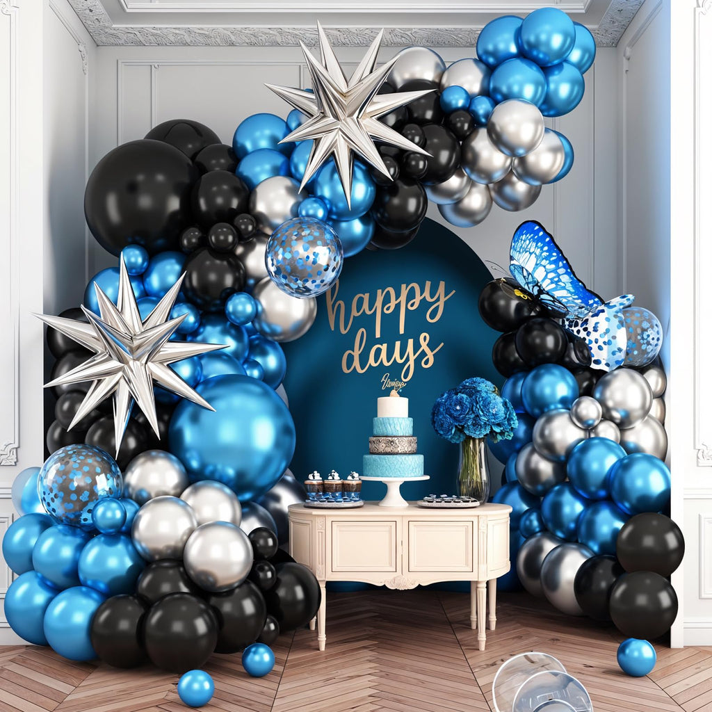 BTZO Blue Silver Black Balloon Arch Kit with Confetti Star Foil – 112-Piece Party Decor Set for Graduation, Baby Shower, Birthday, Anniversary & Retirement