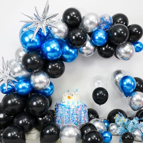 BTZO Blue Silver Black Balloon Arch Kit with Confetti Star Foil – 112-Piece Party Decor Set for Graduation, Baby Shower, Birthday, Anniversary & Retirement