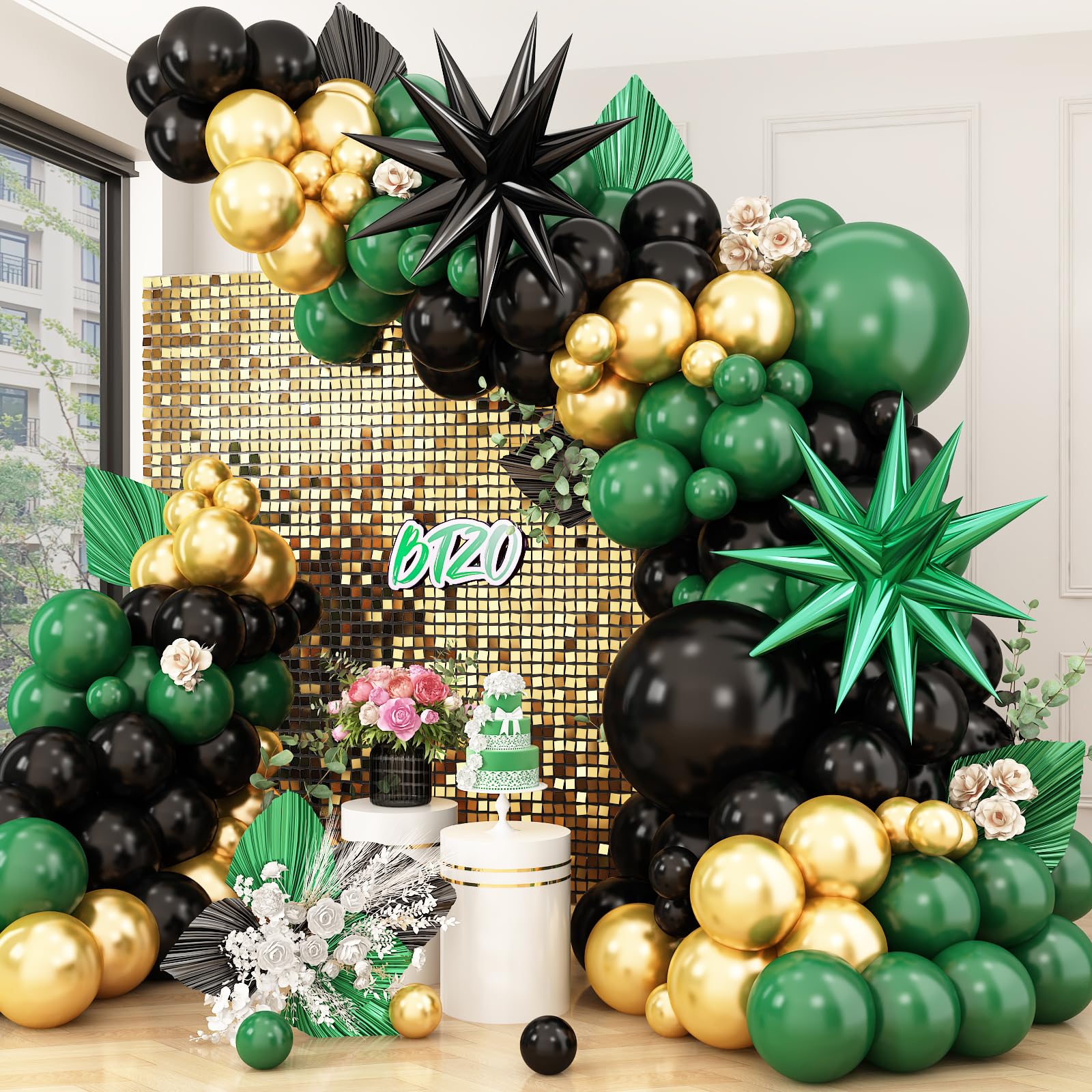 BTZO Green Black Gold Balloon Arch Kit – 104 Latex Balloons with Star Foils for Party Decorations