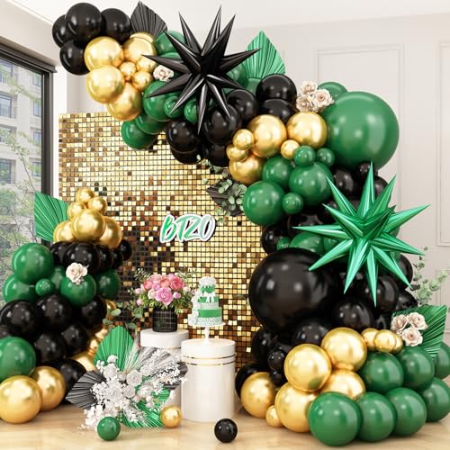 BTZO Green Black Gold Balloon Arch Kit – 104 Latex Balloons with Star Foils for Party Decorations
