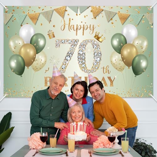 BTZO Happy 70th Birthday Banner – Sage Green & Gold Polyester Backdrop for Men & Women