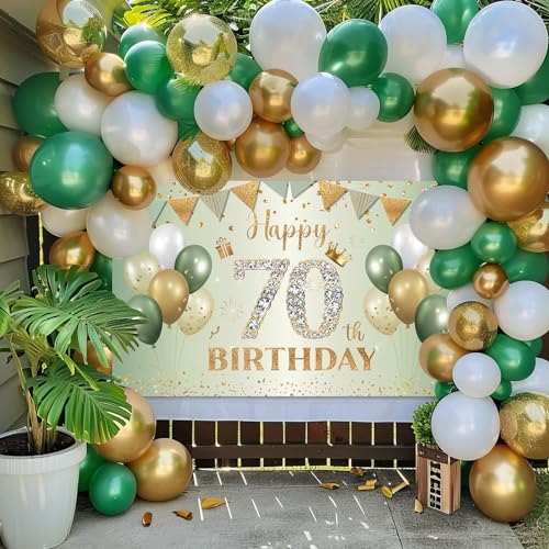BTZO Happy 70th Birthday Banner – Sage Green & Gold Polyester Backdrop for Men & Women