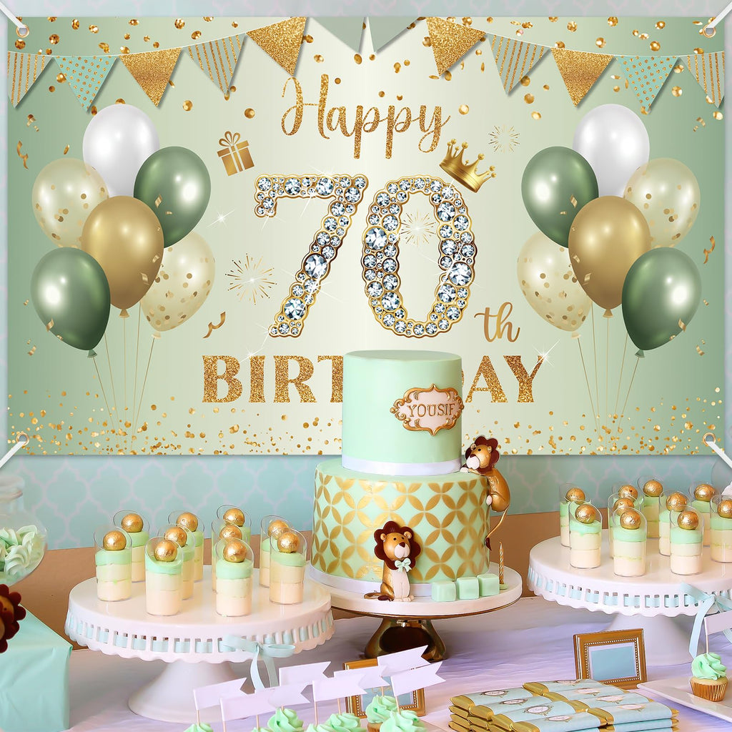 BTZO Happy 70th Birthday Banner – Sage Green & Gold Polyester Backdrop for Men & Women