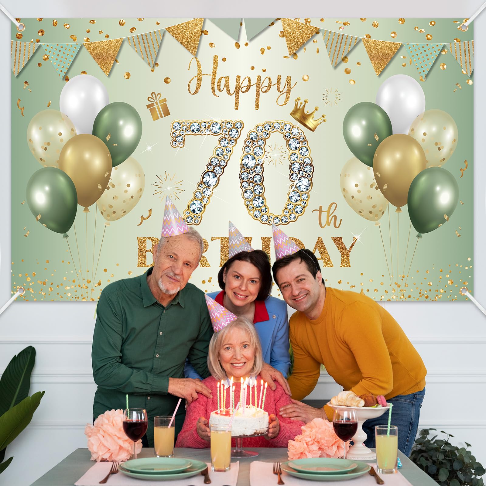 BTZO Happy 70th Birthday Banner – Sage Green & Gold Polyester Backdrop for Men & Women