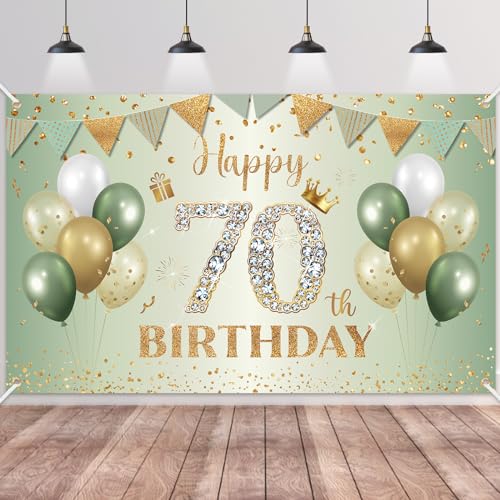 BTZO Happy 70th Birthday Banner – Sage Green & Gold Polyester Backdrop for Men & Women