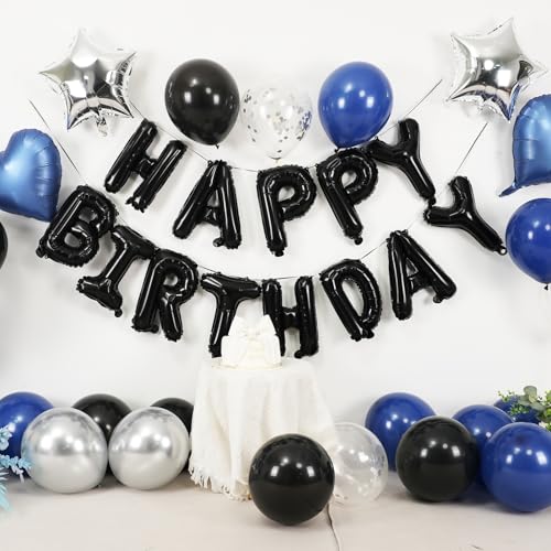 BTZO Navy Blue & Black Birthday Balloon Set with Happy Birthday Banner and Confetti