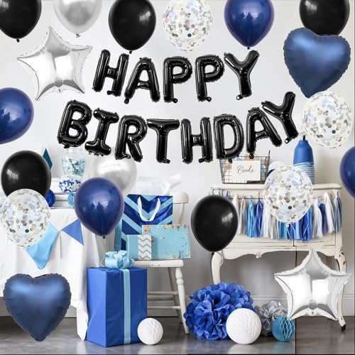 BTZO Navy Blue & Black Birthday Balloon Set with Happy Birthday Banner and Confetti