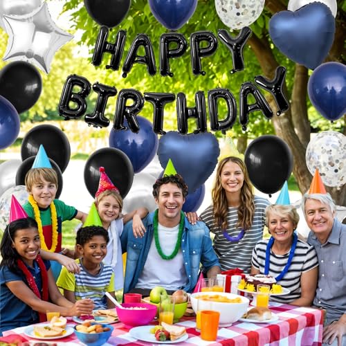 BTZO Navy Blue & Black Birthday Balloon Set with Happy Birthday Banner and Confetti