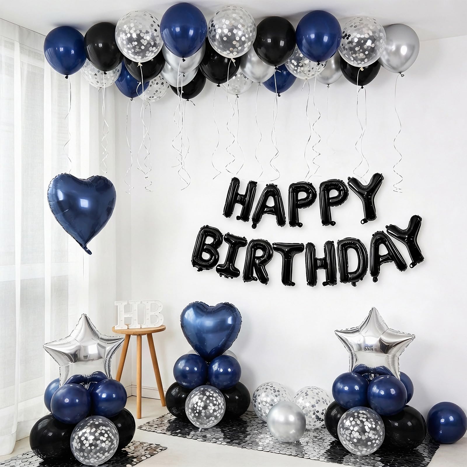 BTZO Navy Blue & Black Birthday Balloon Set with Happy Birthday Banner and Confetti
