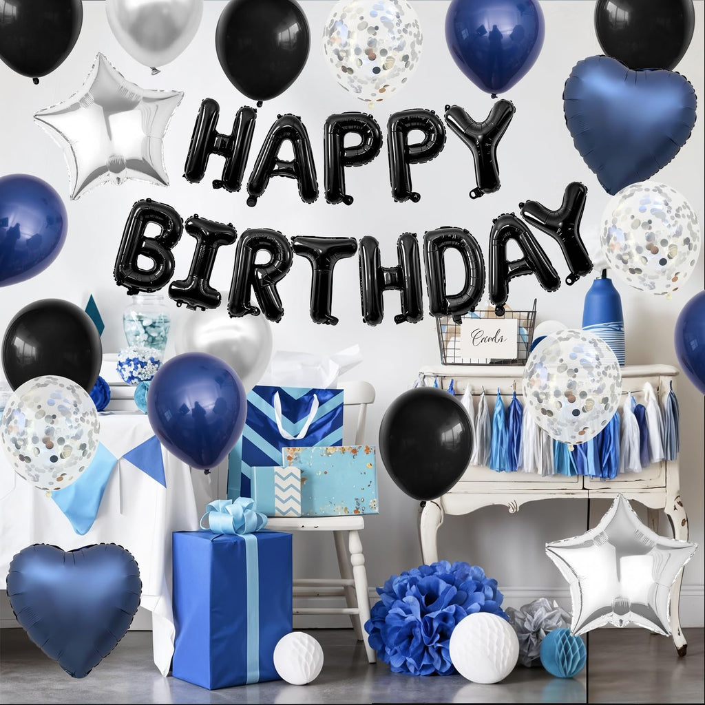 BTZO Navy Blue & Black Birthday Balloon Set with Happy Birthday Banner and Confetti