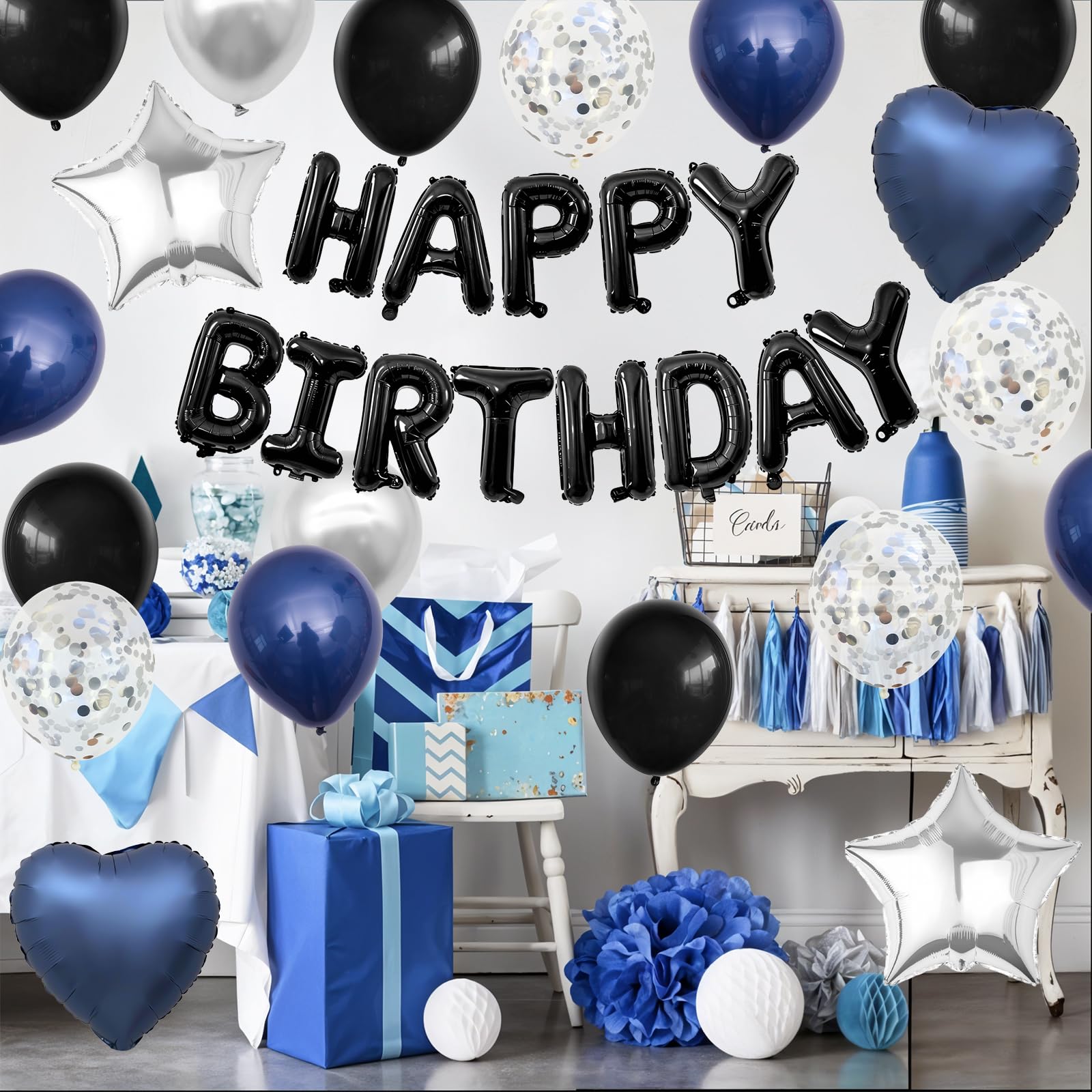 BTZO Navy Blue & Black Birthday Balloon Set with Happy Birthday Banner and Confetti