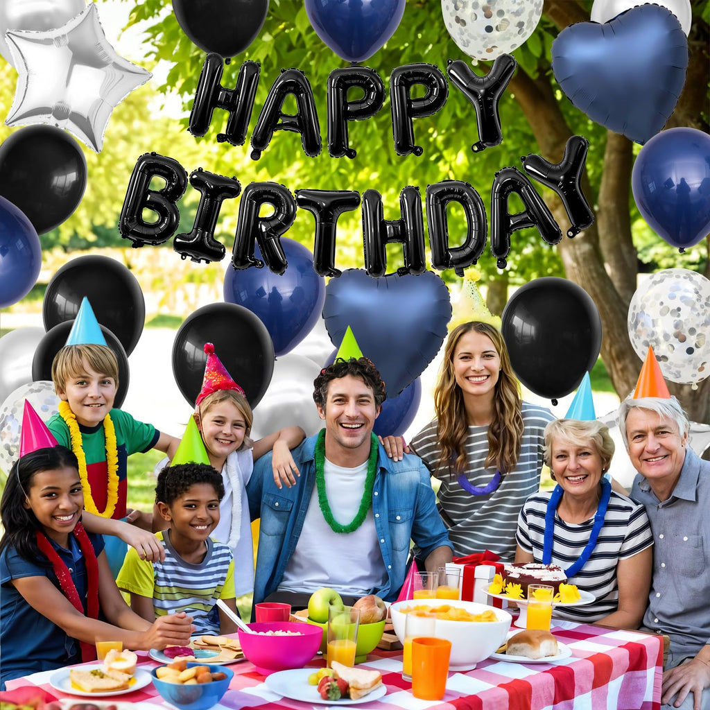 BTZO Navy Blue & Black Birthday Balloon Set with Happy Birthday Banner and Confetti
