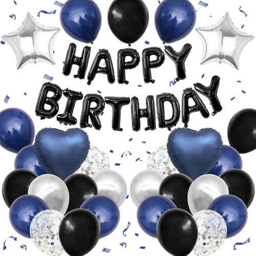 BTZO Navy Blue & Black Birthday Balloon Set with Happy Birthday Banner and Confetti