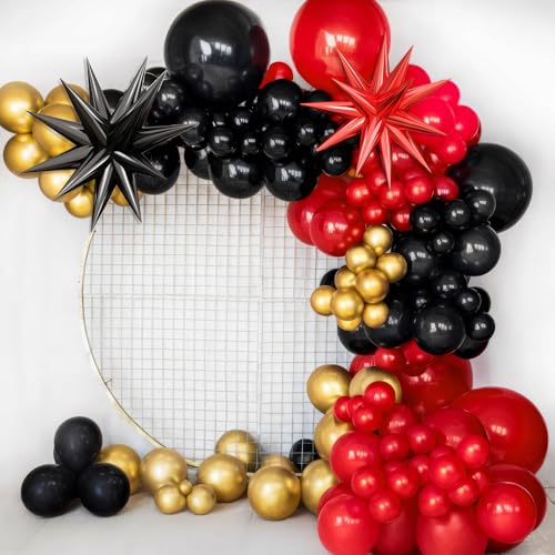 BTZO Red Black Gold Balloon Arch Kit – 104 Piece Party Garland with Star Foil Balloons