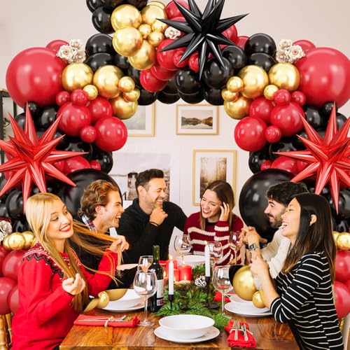 BTZO Red Black Gold Balloon Arch Kit – 104 Piece Party Garland with Star Foil Balloons