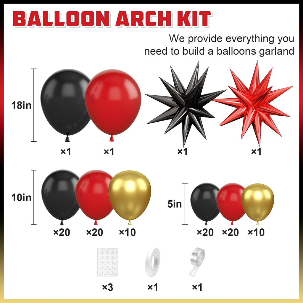 BTZO Red Black Gold Balloon Arch Kit – 104 Piece Party Garland with Star Foil Balloons