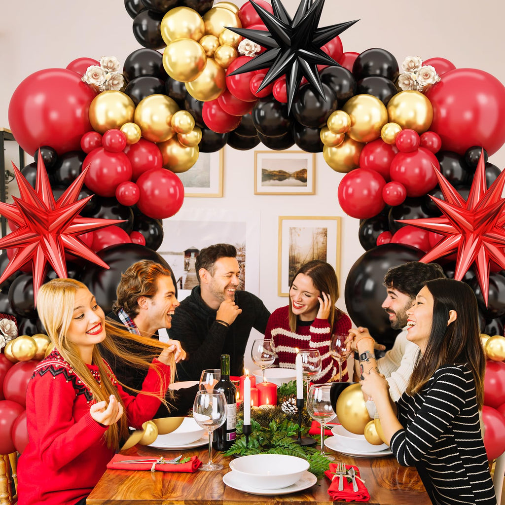BTZO Red Black Gold Balloon Arch Kit – 104 Piece Party Garland with Star Foil Balloons