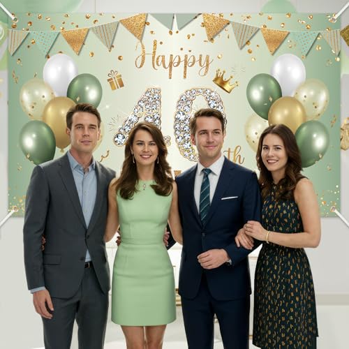 BTZO Sage Green Gold 40th Birthday Banner – Large Polyester Backdrop for Men Women Party Decorations