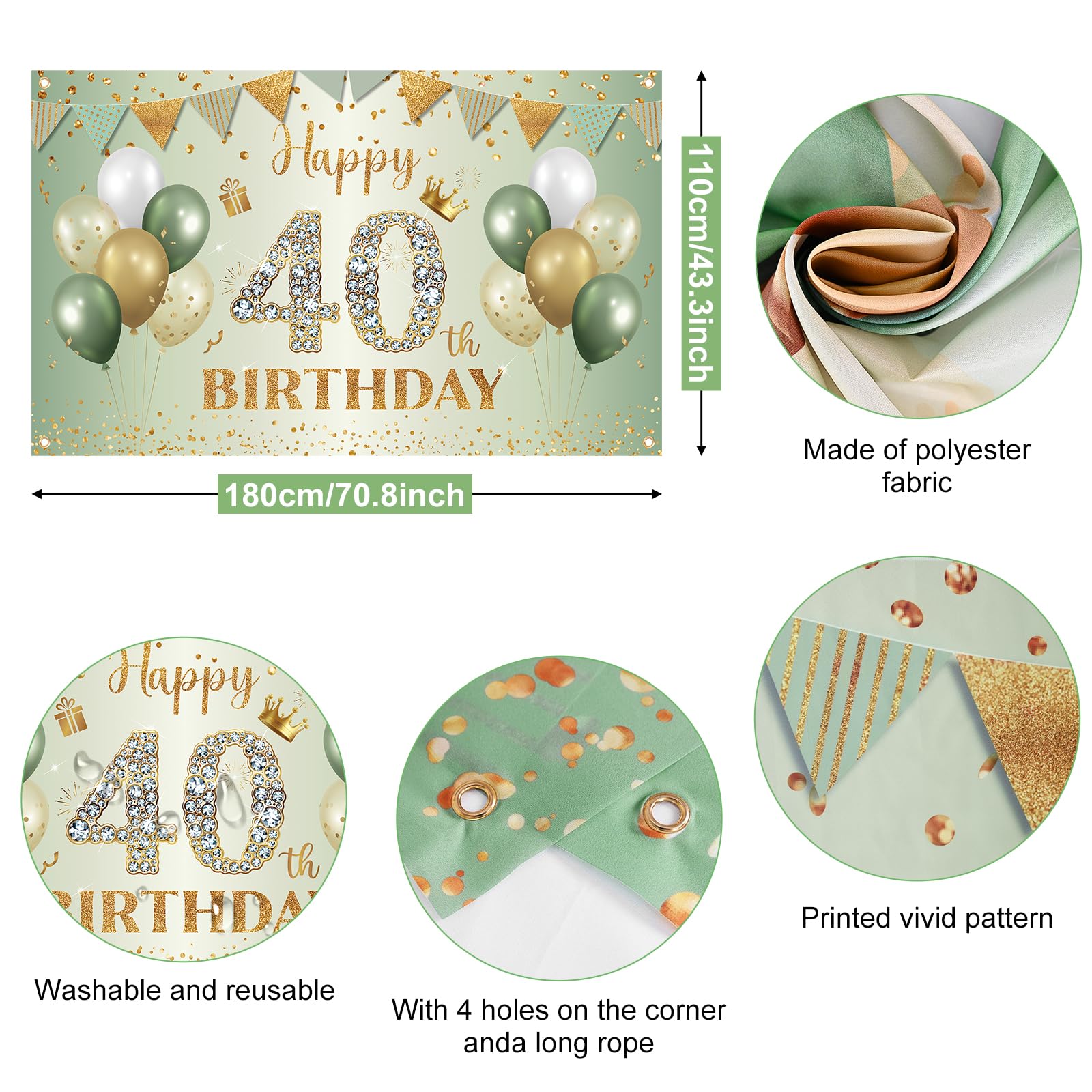 BTZO Sage Green Gold 40th Birthday Banner – Large Polyester Backdrop for Men Women Party Decorations