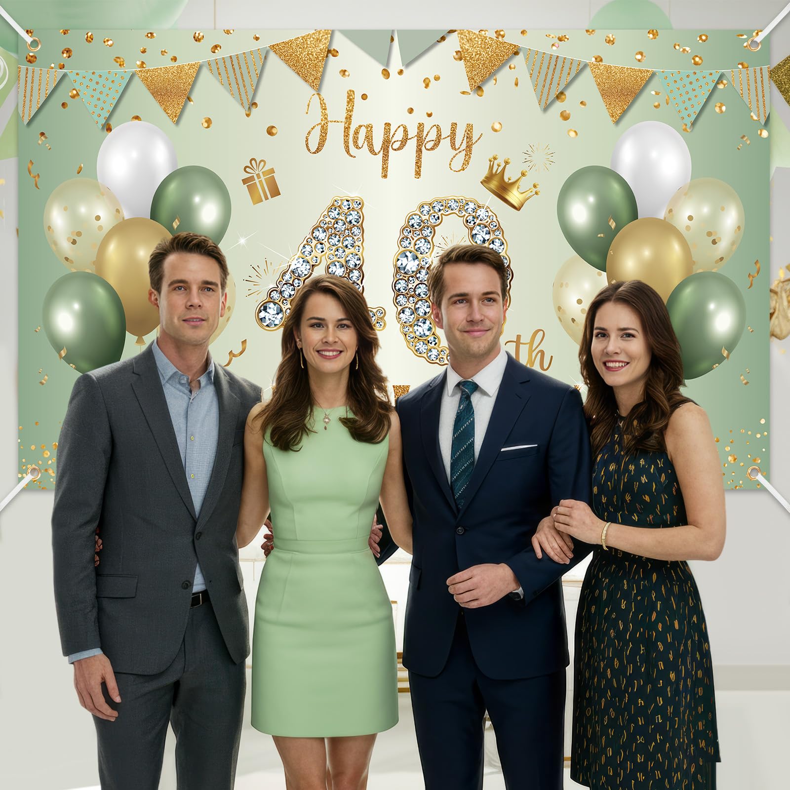 BTZO Sage Green Gold 40th Birthday Banner – Large Polyester Backdrop for Men Women Party Decorations
