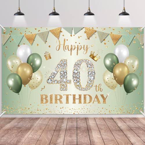BTZO Sage Green Gold 40th Birthday Banner – Large Polyester Backdrop for Men Women Party Decorations