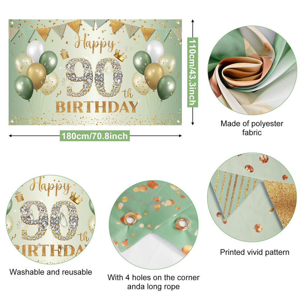 BTZO Sage Green Gold 90th Birthday Banner - Large Fabric Backdrop for Party