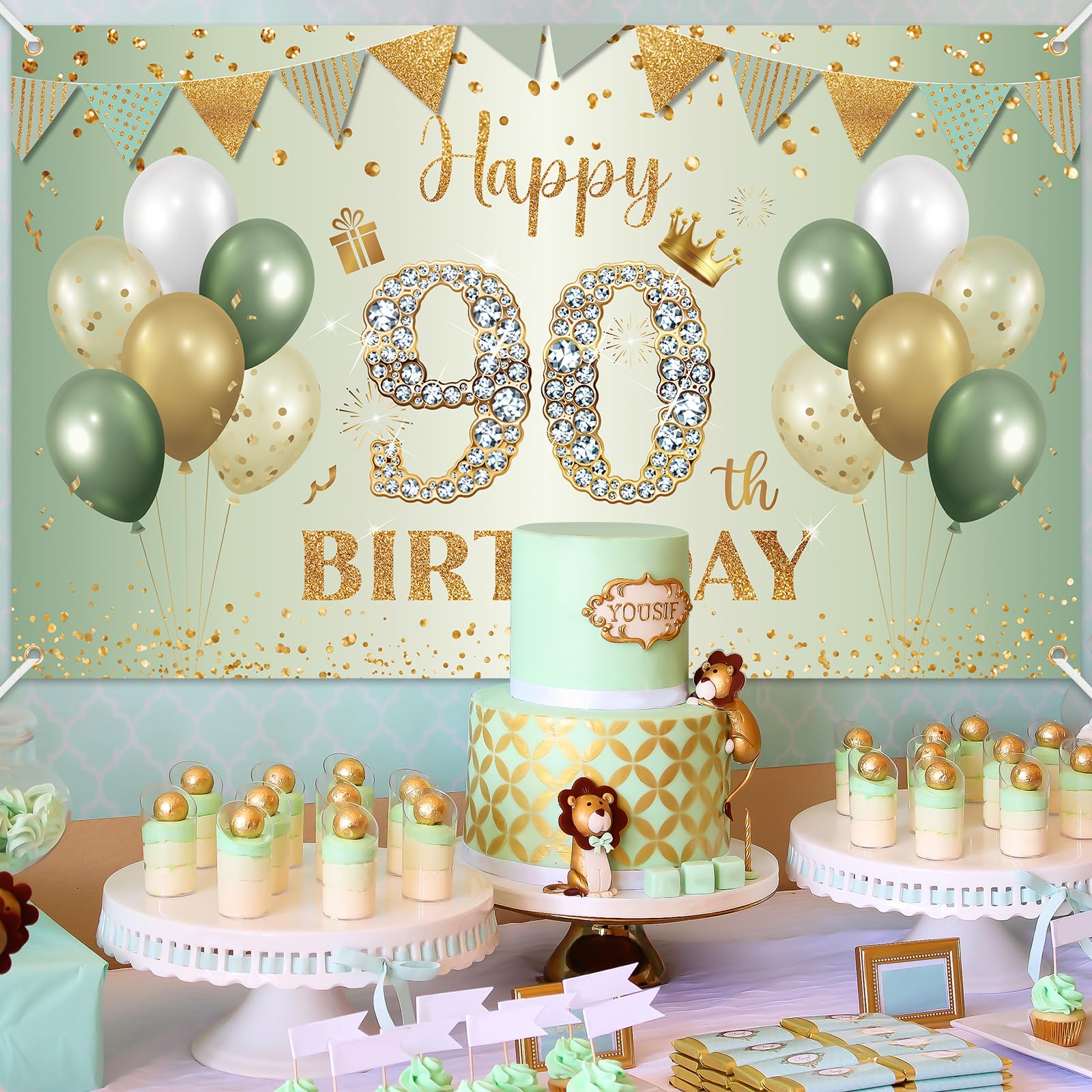 BTZO Sage Green Gold 90th Birthday Banner - Large Fabric Backdrop for Party