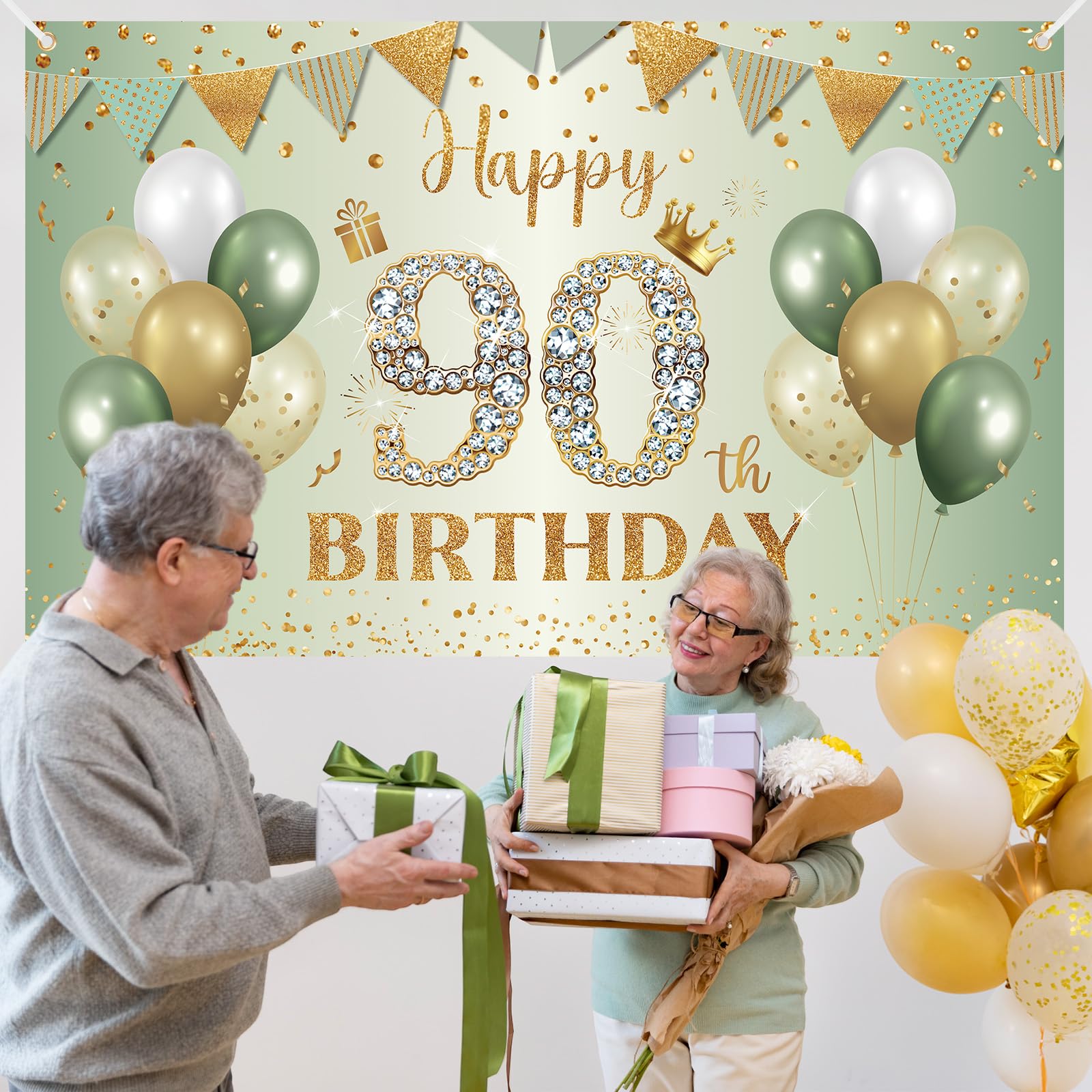 BTZO Sage Green Gold 90th Birthday Banner - Large Fabric Backdrop for Party