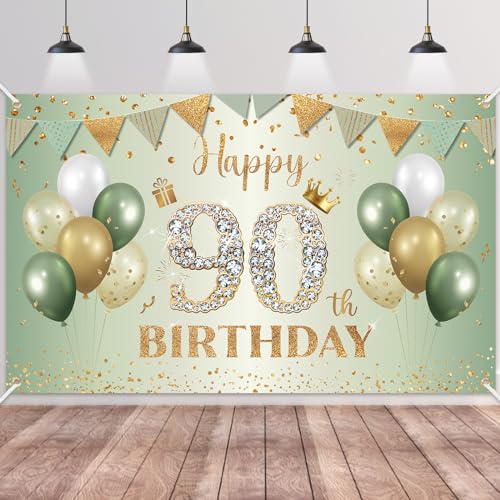 BTZO Sage Green Gold 90th Birthday Banner - Large Fabric Backdrop for Party