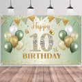 BTZO Sage Green Gold Happy 10th Birthday Banner – Fabric Backdrop for Boys & Girls Party Decorations