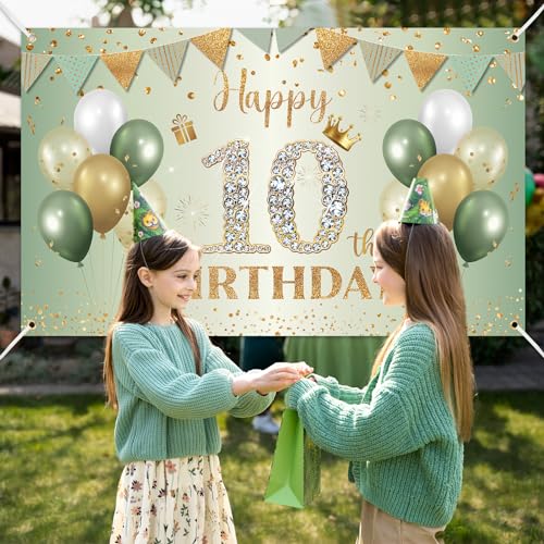 BTZO Sage Green Gold Happy 10th Birthday Banner – Fabric Backdrop for Boys & Girls Party Decorations