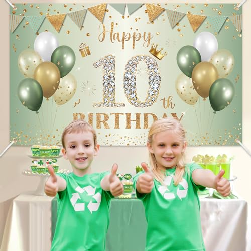 BTZO Sage Green Gold Happy 10th Birthday Banner – Fabric Backdrop for Boys & Girls Party Decorations