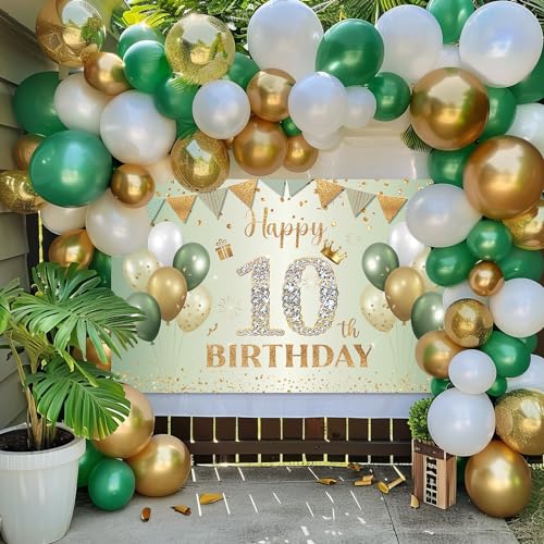 BTZO Sage Green Gold Happy 10th Birthday Banner – Fabric Backdrop for Boys & Girls Party Decorations
