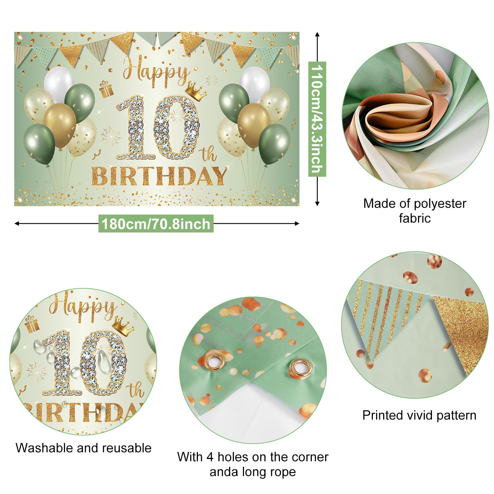 BTZO Sage Green Gold Happy 10th Birthday Banner – Fabric Backdrop for Boys & Girls Party Decorations