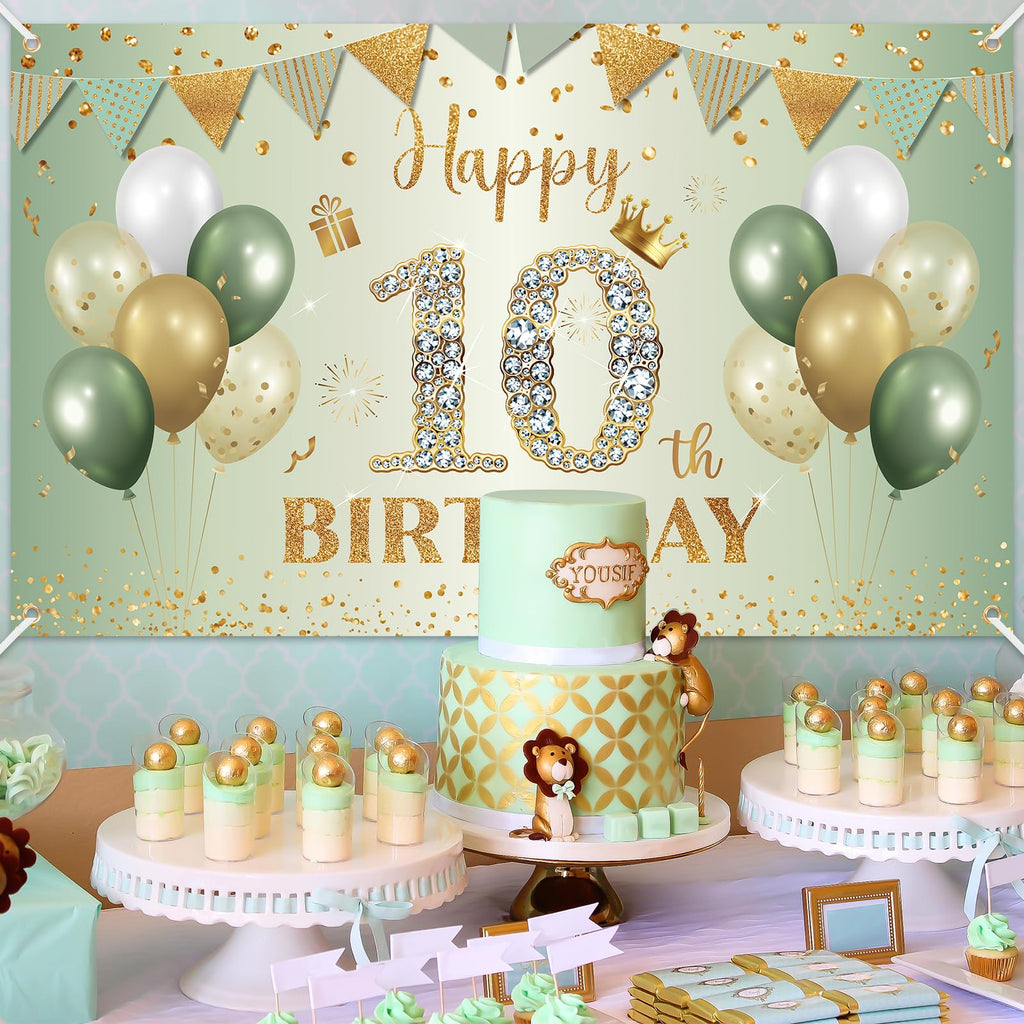 BTZO Sage Green Gold Happy 10th Birthday Banner – Fabric Backdrop for Boys & Girls Party Decorations