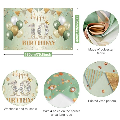 BTZO Sage Green Gold Happy 10th Birthday Banner – Fabric Backdrop for Boys & Girls Party Decorations