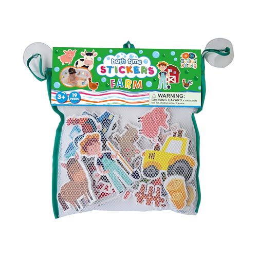 Buddy & Barney Farm Bath Time Stickers – 19 Soft Waterproof Stickers with Storage Bag for Toddlers