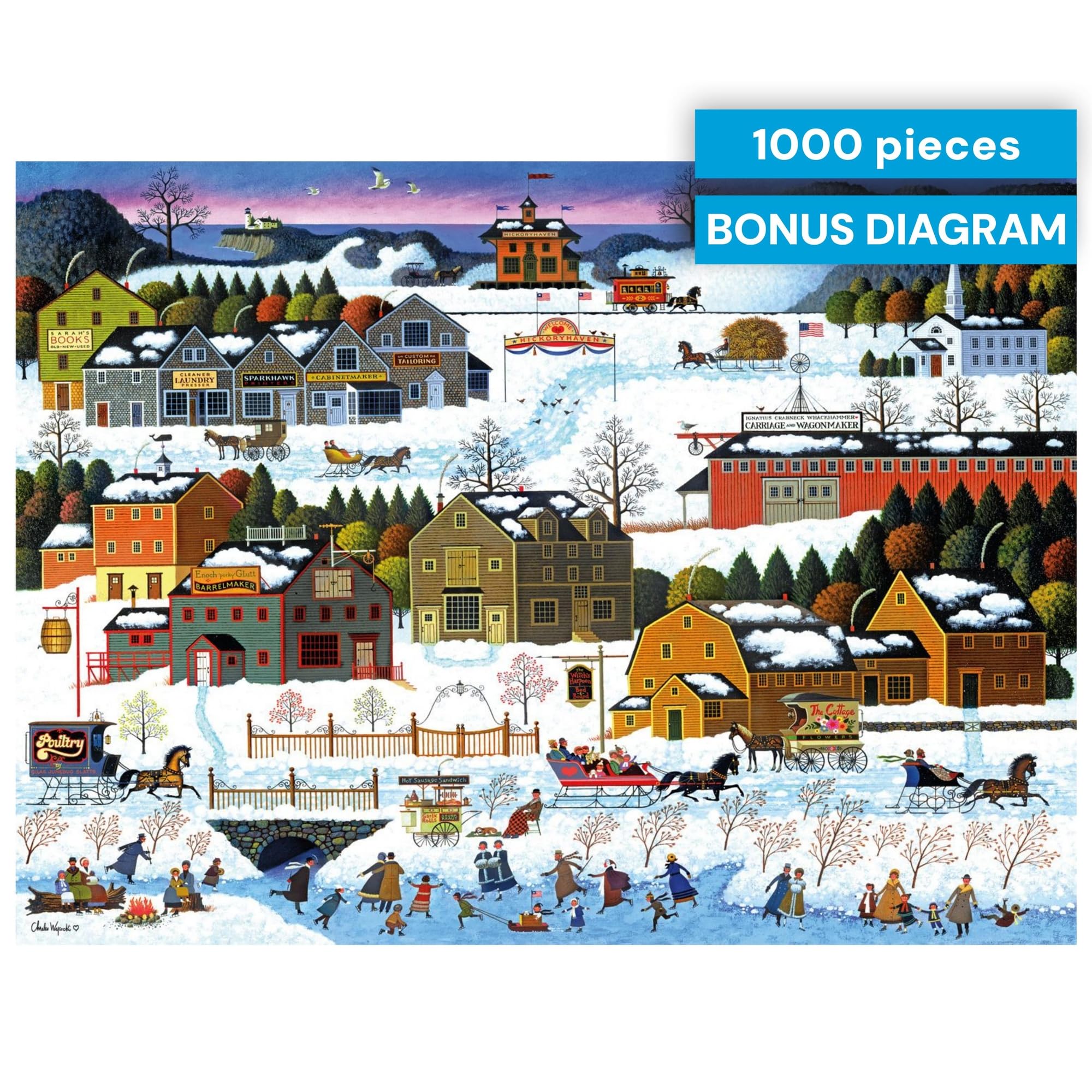 Buffalo Games Charles Wysocki Hickory Haven Canal 1000-Piece Jigsaw Puzzle – Winter Village Scene, Precision-Cut, with Poster, Ages 14+