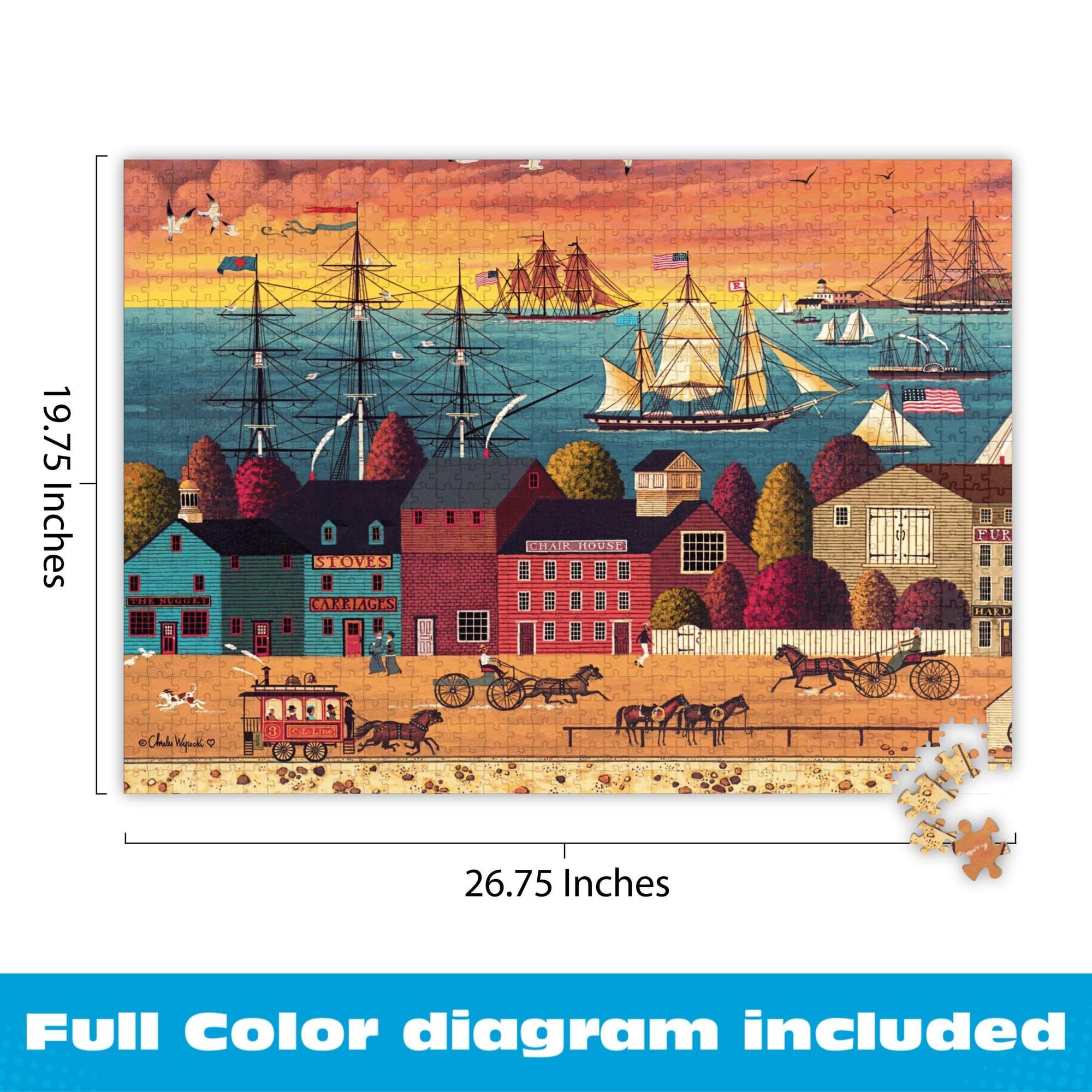 Buffalo Games Charles Wysocki Hoopla at the Harbor 1000 Piece Jigsaw Puzzle – Lively Harbor Scene, Includes Poster, 26.75 x 19.75 Inches