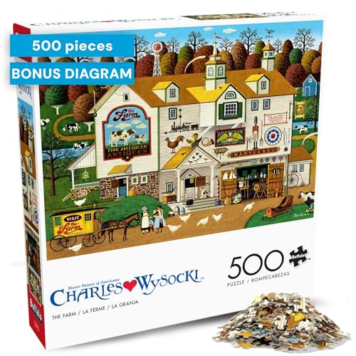 Buffalo Games Charles Wysocki The Farm 500-Piece Jigsaw Puzzle – Americana Art, Perfect Snap Fit, Bonus Poster
