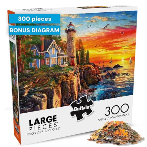 Buffalo Games Dominic Davison Rocky Cliff Lighthouse 300 Piece Jigsaw Puzzle – Oversized Easy-Grasp Pieces, Bonus Poster, 21.25 x 15 in