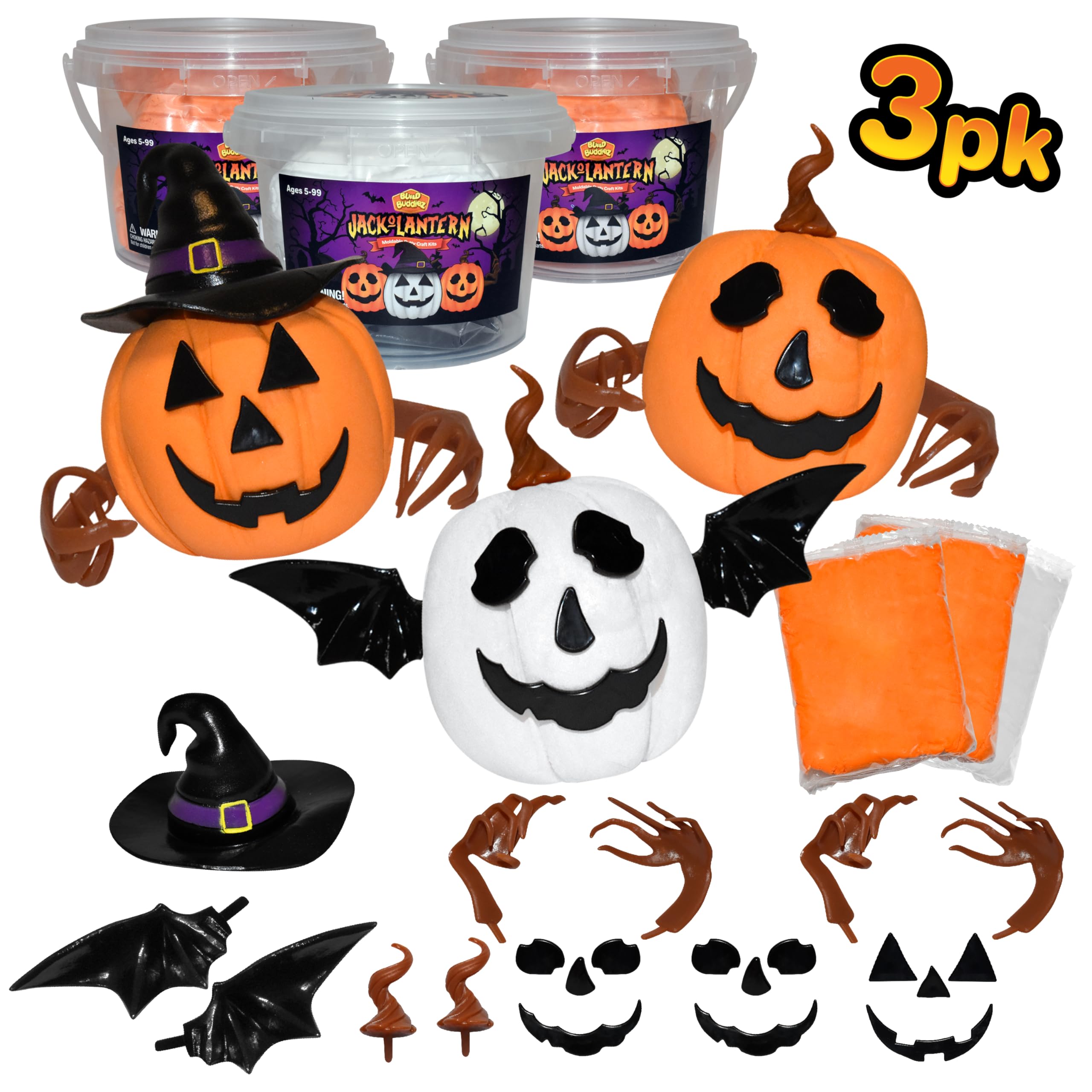 Build Buddiez DIY Jack-O-Lantern Craft Kit – 3 Pack: Air-Dry Clay Halloween Activity for Kids Ages 5+
