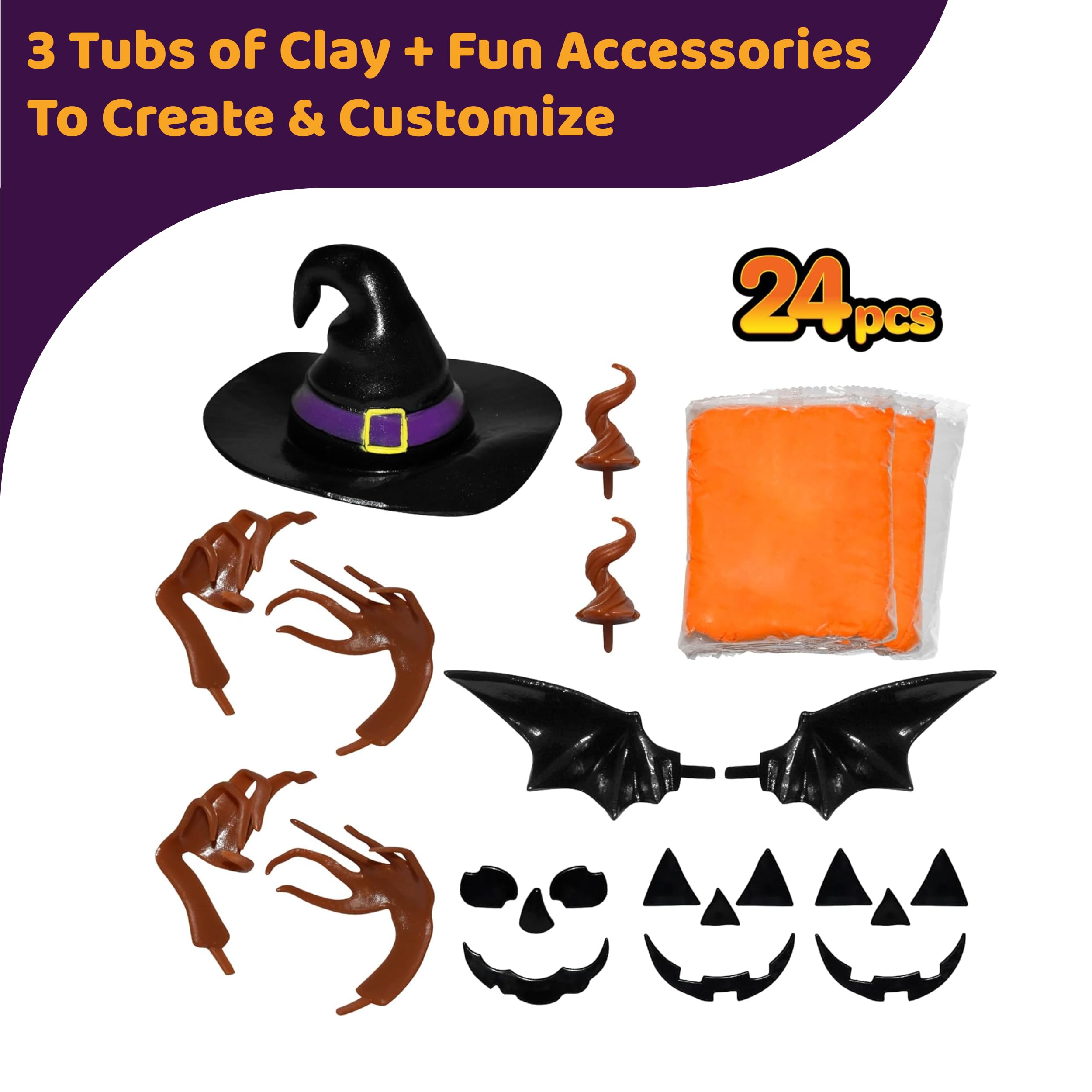 Build Buddiez DIY Jack-O-Lantern Craft Kit – 3 Pack: Air-Dry Clay Halloween Activity for Kids Ages 5+