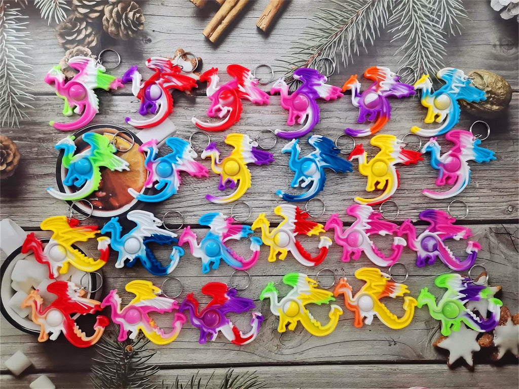 Bulk 24-Pack Dragon Mini Pop Fidget Toys - Silicone Keychain Party Favors for Kids, Classroom Prizes & Birthday Goodie Bags