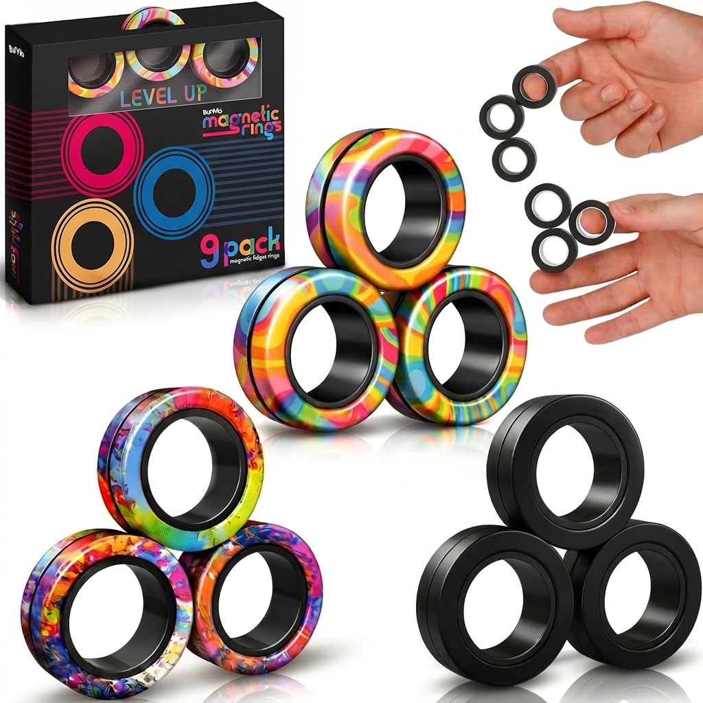 BUNMO Magnetic Fidget Rings 9-Pack – 3 Black Matte + 6 Rainbow Rings, N42 Magnets, Quiet Fidget Toy for Teens & Adults