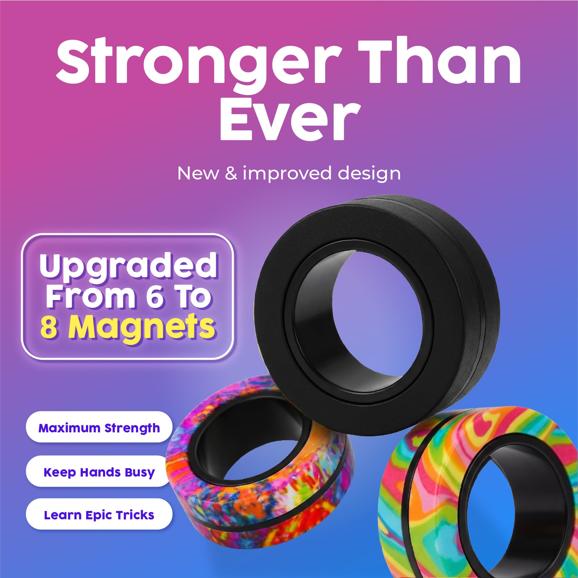 BUNMO Magnetic Fidget Rings 9-Pack – 3 Black Matte + 6 Rainbow Rings, N42 Magnets, Quiet Fidget Toy for Teens & Adults