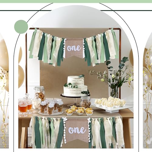 Buryeah 1st Birthday Highchair Banner – 80 inch Burlap Jungle Theme in Green Tan