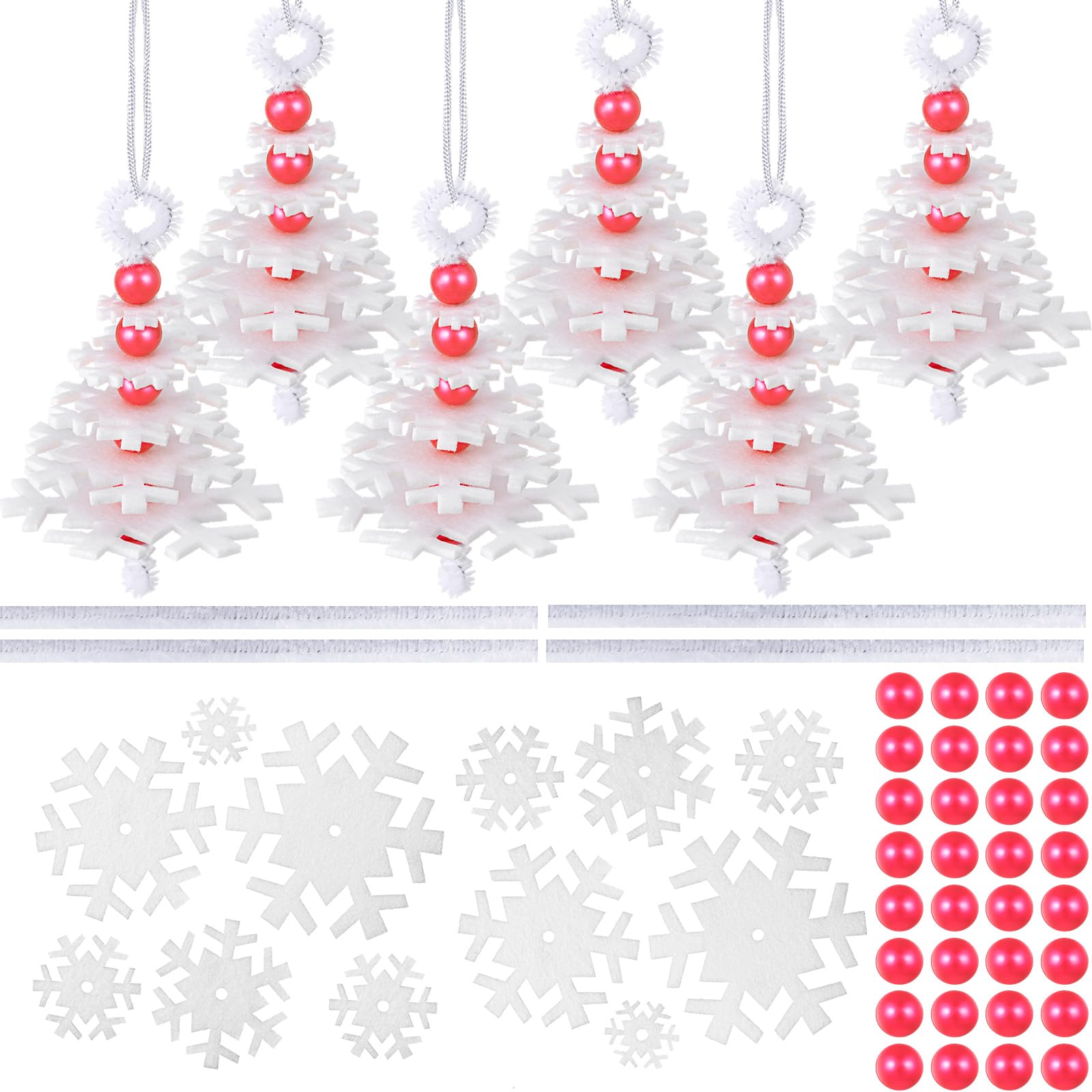 Buryeah 50 Sets Felt Snowflake Ornament Craft Kit – DIY Christmas Decorations with Beads, Stems & Ribbons