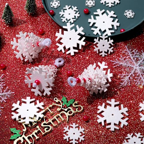 Buryeah 50 Sets Felt Snowflake Ornament Craft Kit – DIY Christmas Decorations with Beads, Stems & Ribbons