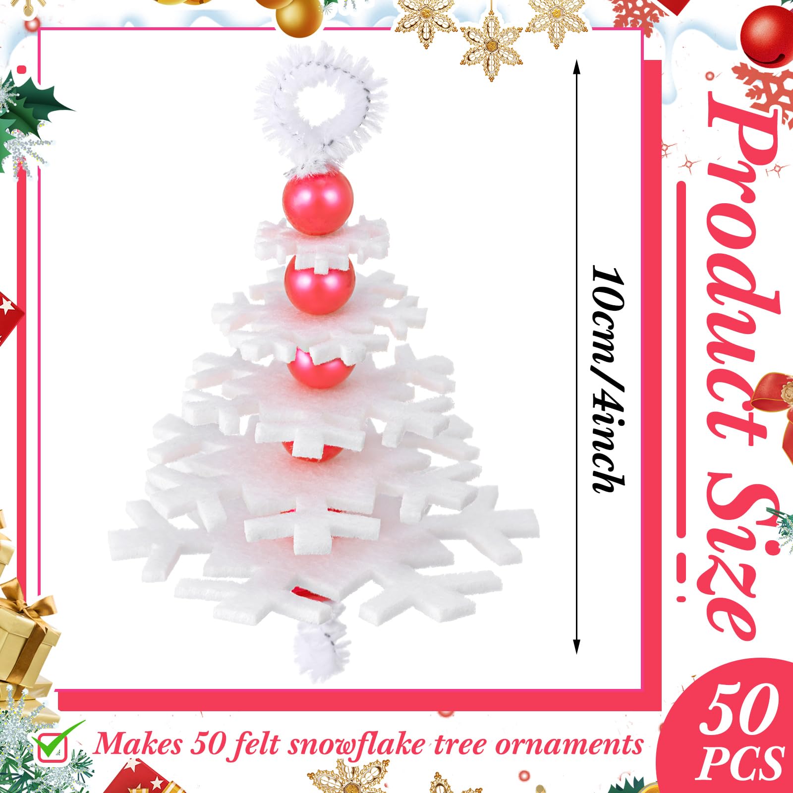 Buryeah 50 Sets Felt Snowflake Ornament Craft Kit – DIY Christmas Decorations with Beads, Stems & Ribbons